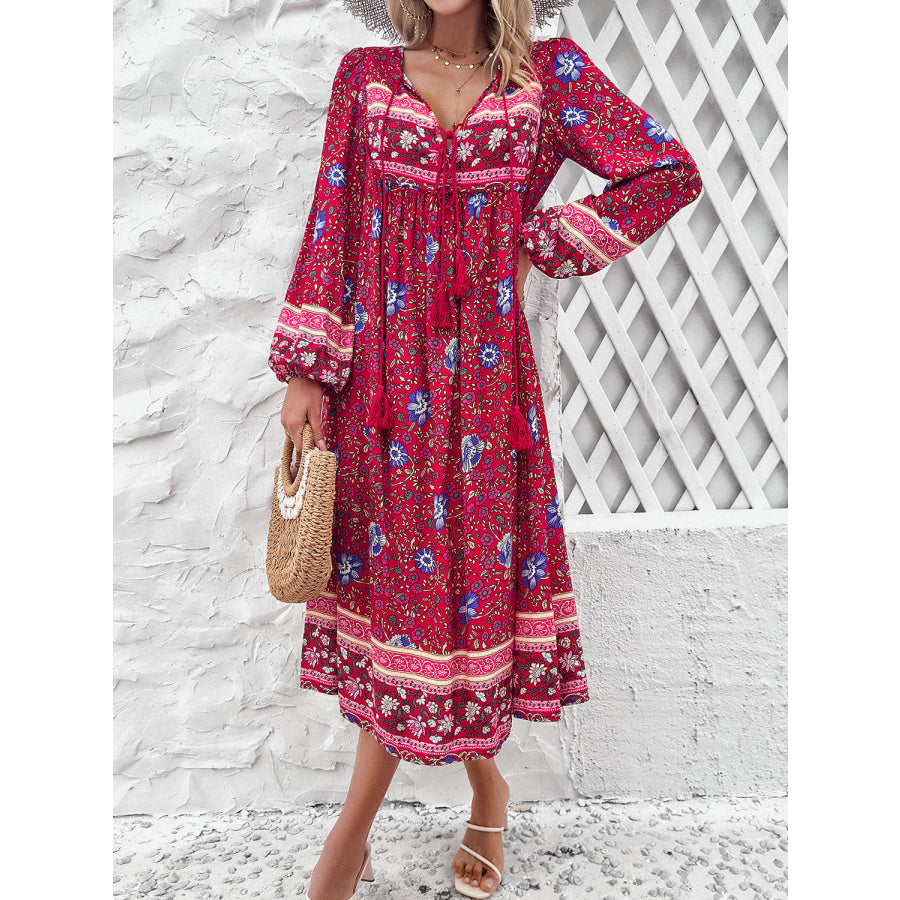 Tassel Tied Printed Long Sleeve Dress Apparel and Accessories