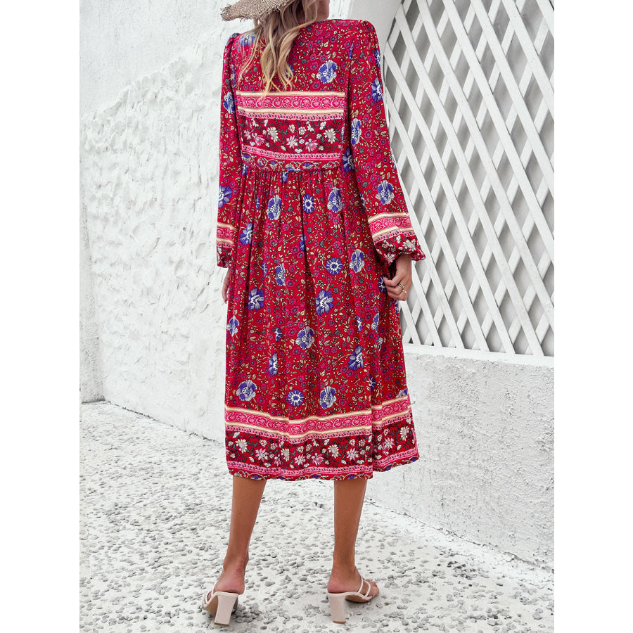 Tassel Tied Printed Long Sleeve Dress Apparel and Accessories