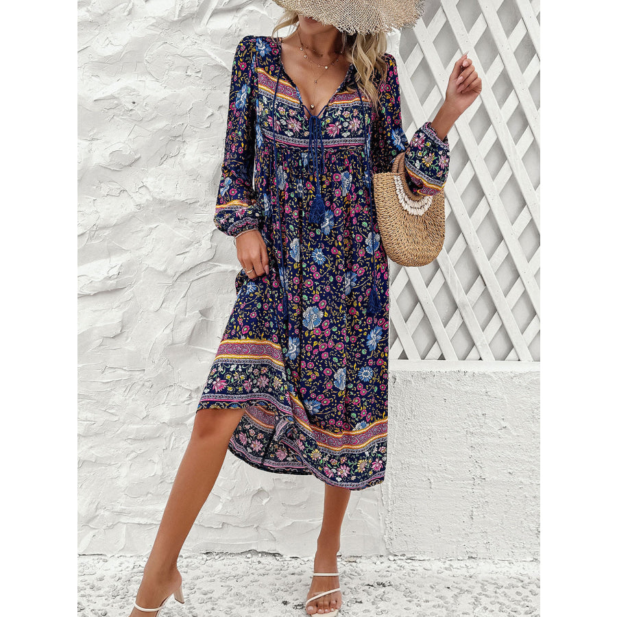 Tassel Tied Printed Long Sleeve Dress Apparel and Accessories