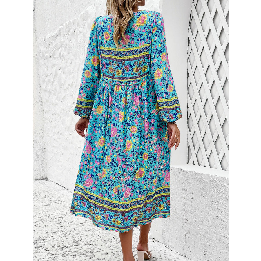 Tassel Tied Printed Long Sleeve Dress Apparel and Accessories