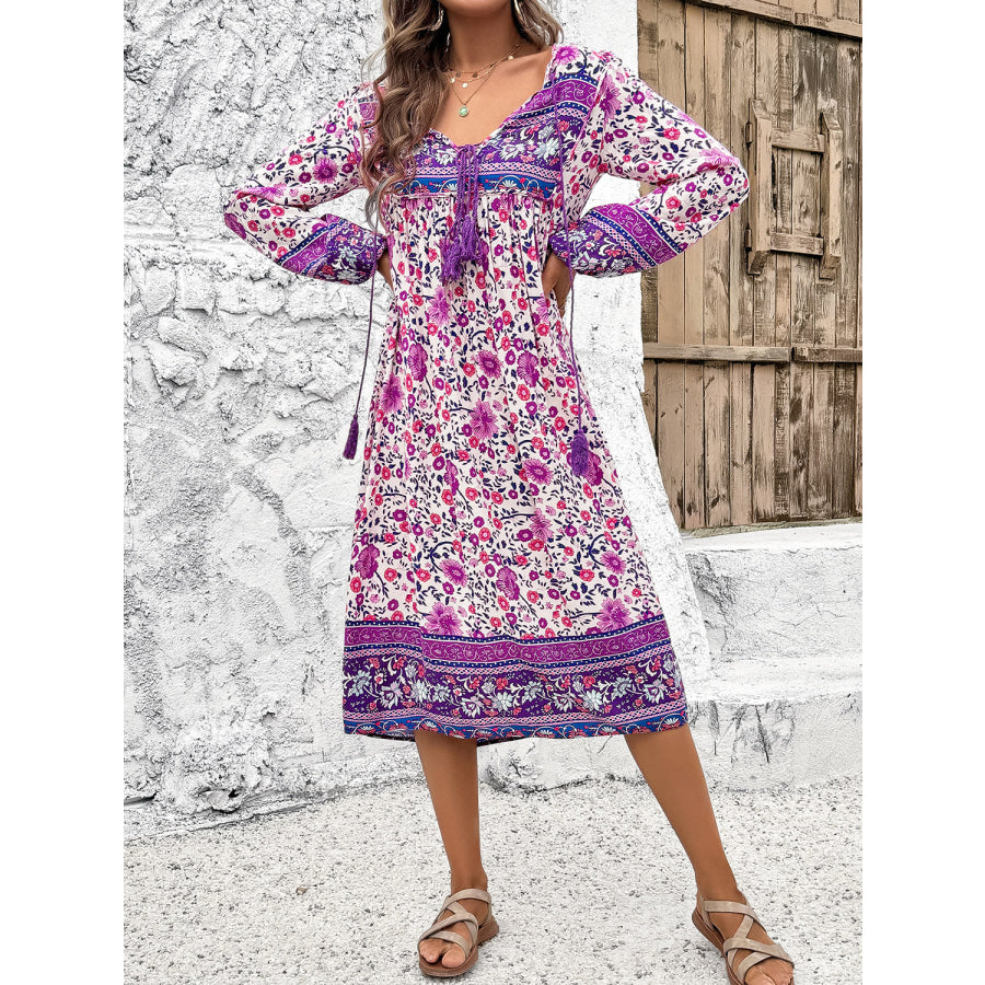 Tassel Tied Printed Long Sleeve Dress Lavender / S Apparel and Accessories