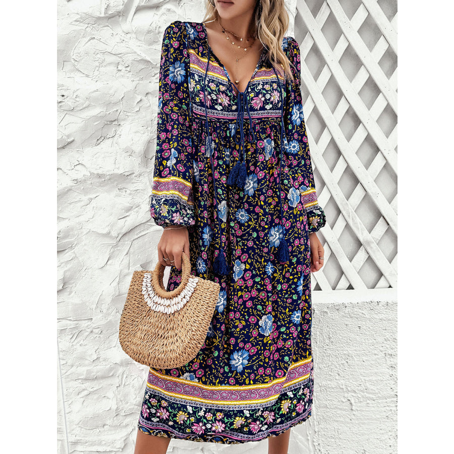 Tassel Tied Printed Long Sleeve Dress Navy / S Apparel and Accessories