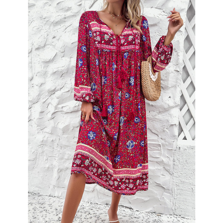 Tassel Tied Printed Long Sleeve Dress Red / S Apparel and Accessories