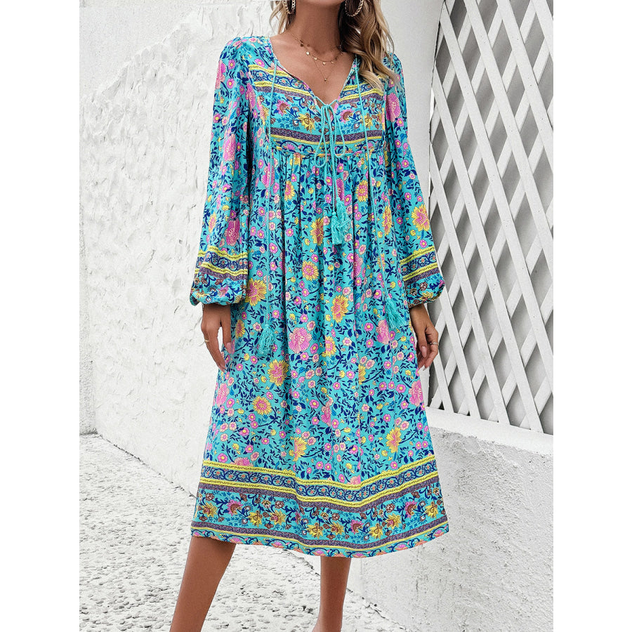 Tassel Tied Printed Long Sleeve Dress Tiffany Blue / S Apparel and Accessories