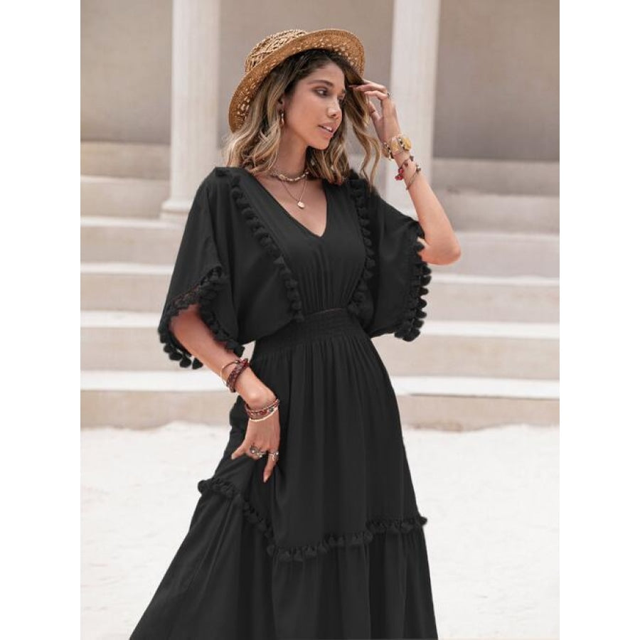 Tassel Trim Smocked V-Neck Short Sleeve Dress Black / S Clothing