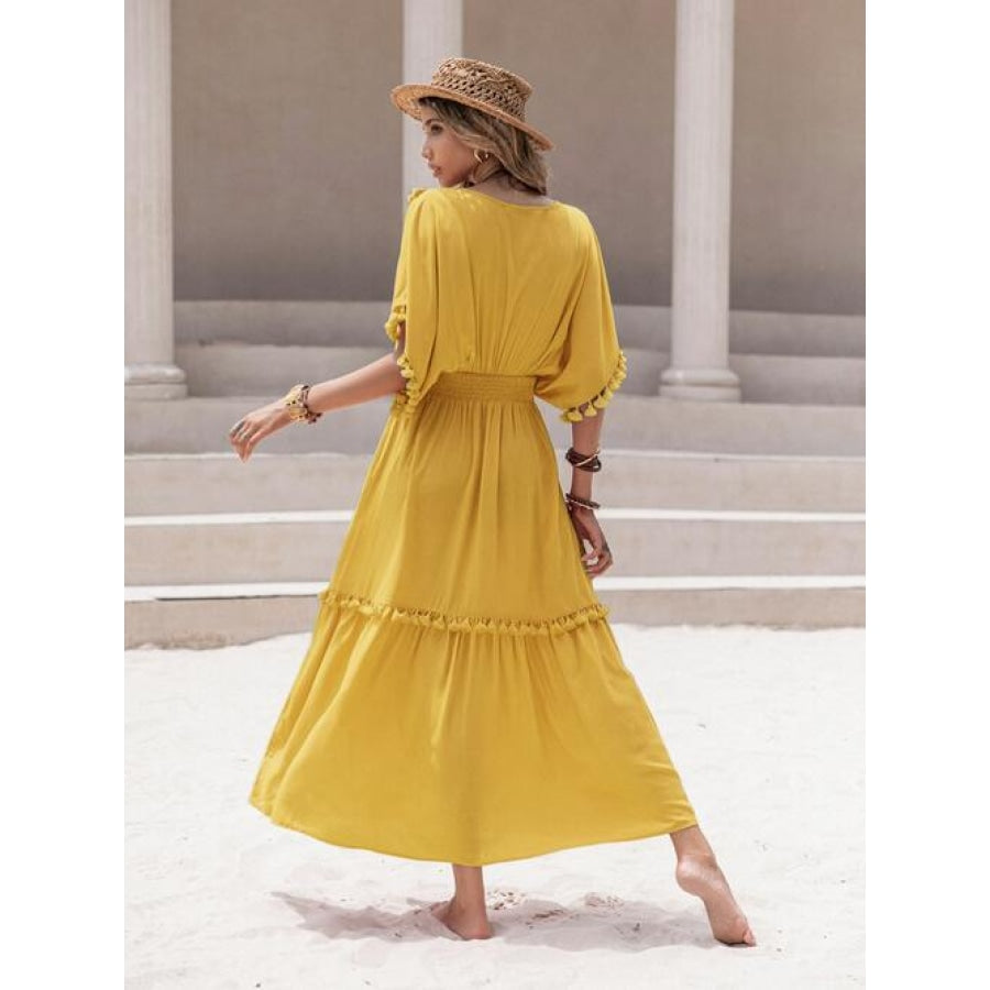 Tassel Trim Smocked V-Neck Short Sleeve Dress Clothing