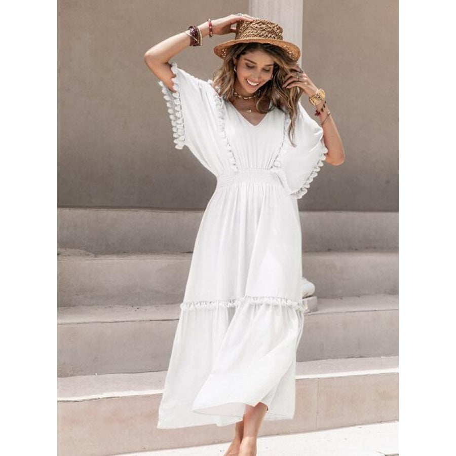 Tassel Trim Smocked V-Neck Short Sleeve Dress Clothing