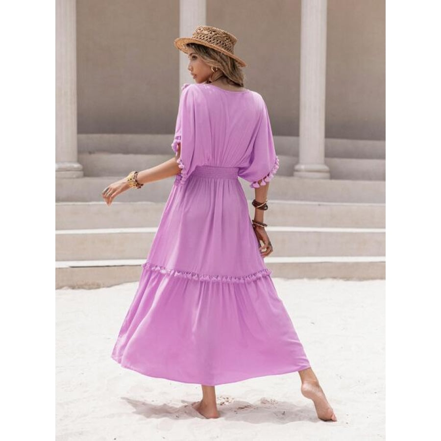 Tassel Trim Smocked V-Neck Short Sleeve Dress Clothing