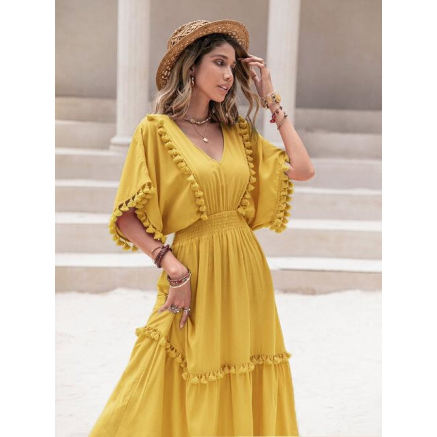 Tassel Trim Smocked V-Neck Short Sleeve Dress Clothing