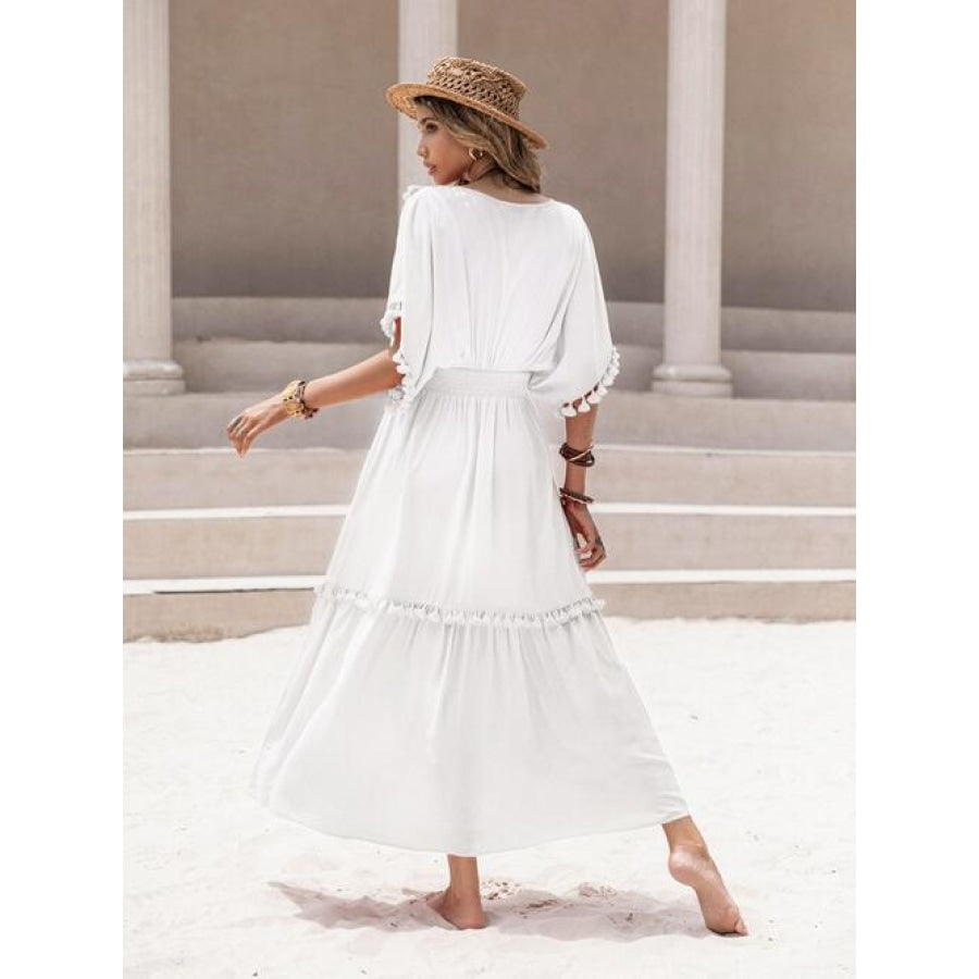 Tassel Trim Smocked V-Neck Short Sleeve Dress Clothing