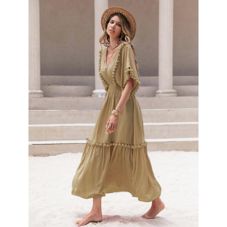 Tassel Trim Smocked V-Neck Short Sleeve Dress Clothing