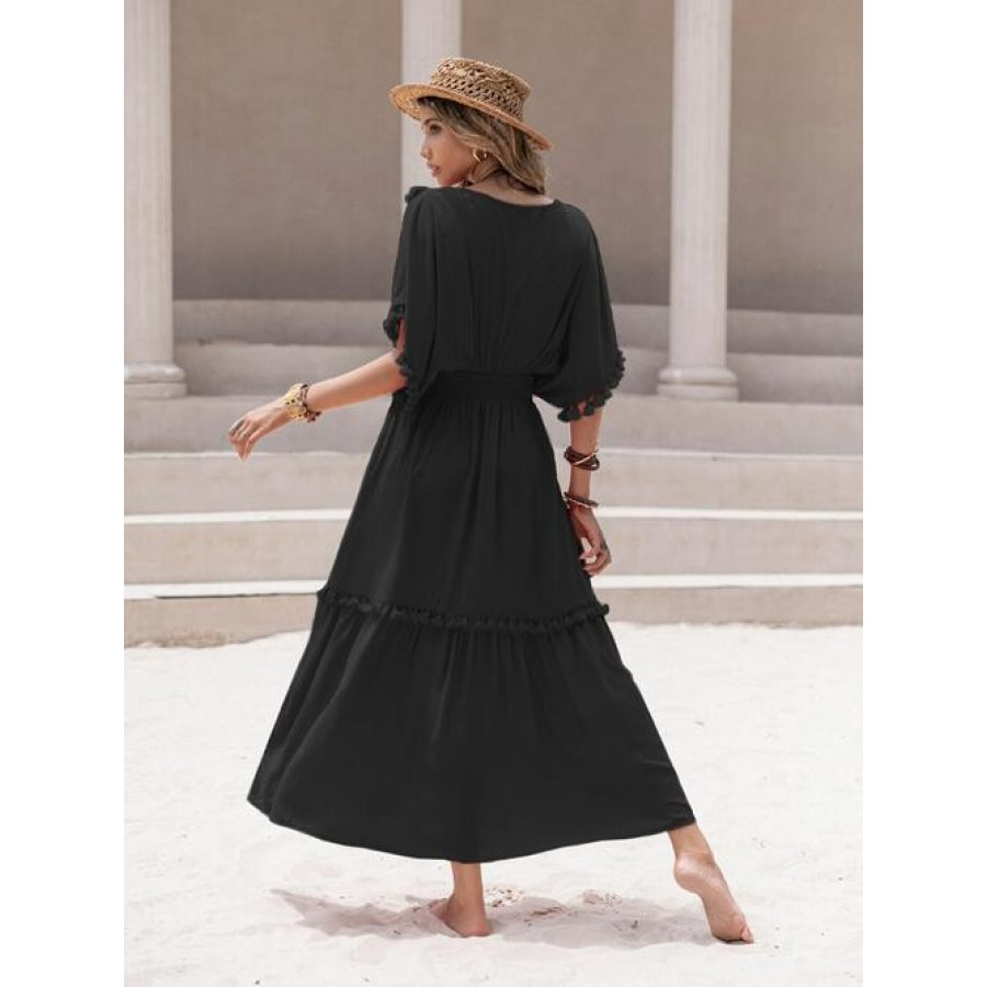 Tassel Trim Smocked V-Neck Short Sleeve Dress Clothing