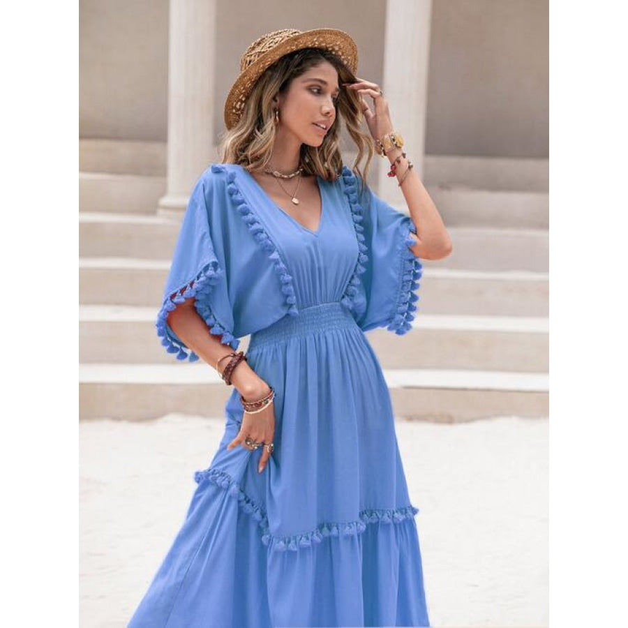 Tassel Trim Smocked V-Neck Short Sleeve Dress Clothing