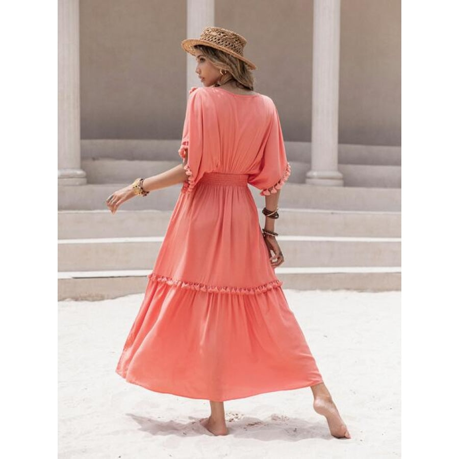 Tassel Trim Smocked V-Neck Short Sleeve Dress Clothing