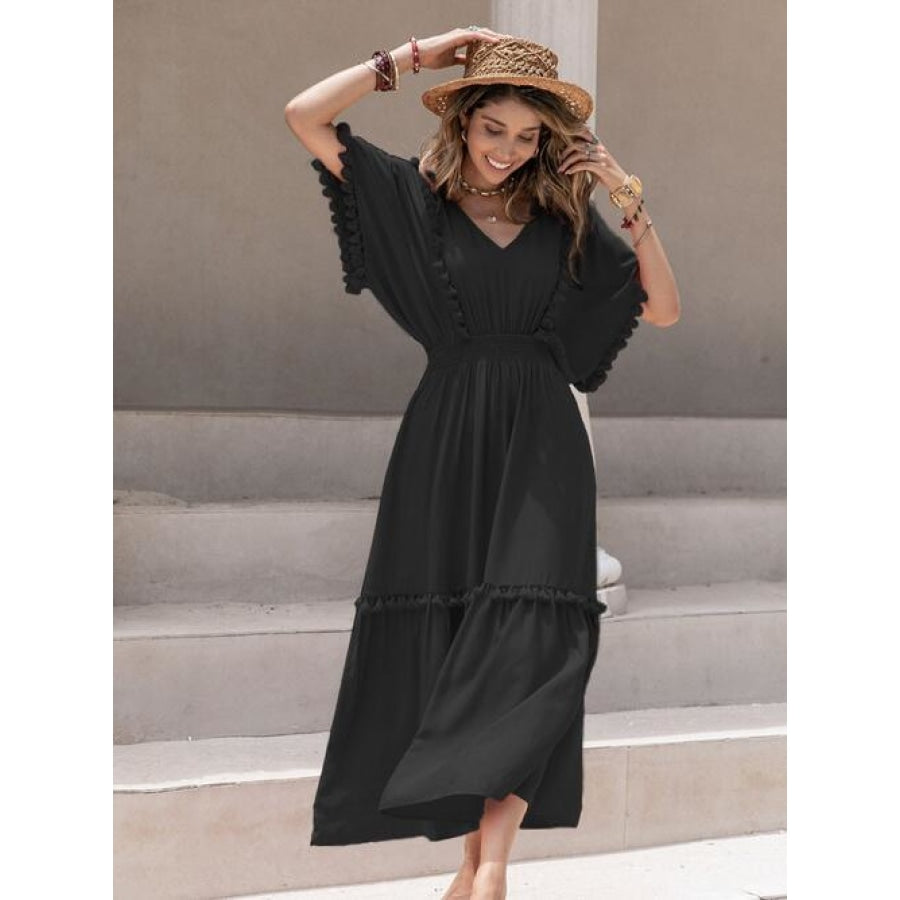 Tassel Trim Smocked V-Neck Short Sleeve Dress Clothing