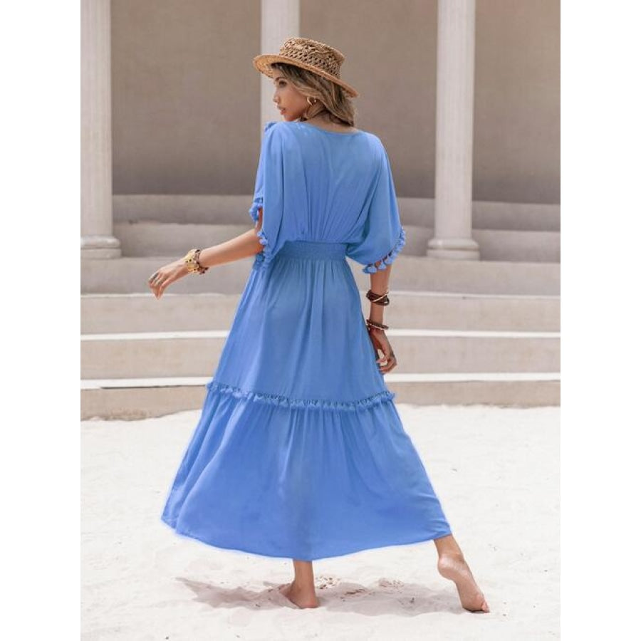 Tassel Trim Smocked V-Neck Short Sleeve Dress Clothing