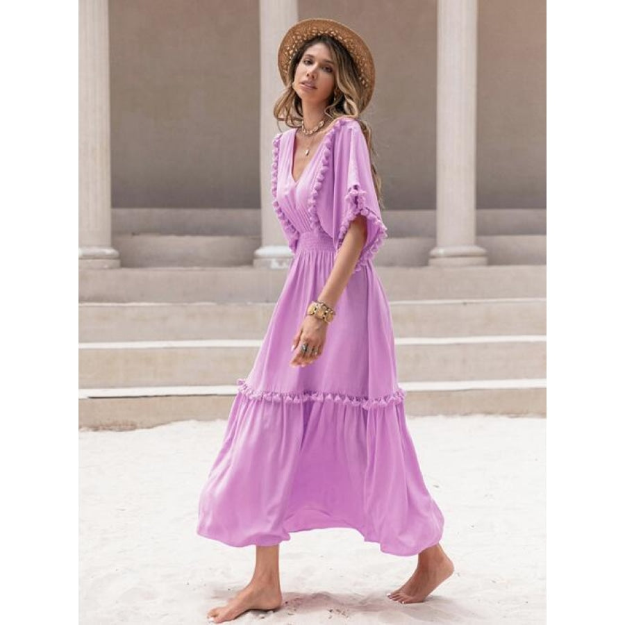 Tassel Trim Smocked V-Neck Short Sleeve Dress Clothing