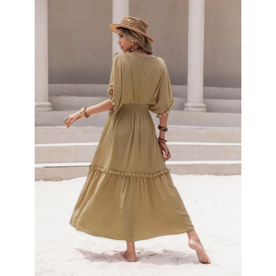 Tassel Trim Smocked V-Neck Short Sleeve Dress Clothing