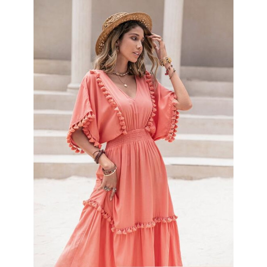 Tassel Trim Smocked V-Neck Short Sleeve Dress Coral / S Clothing