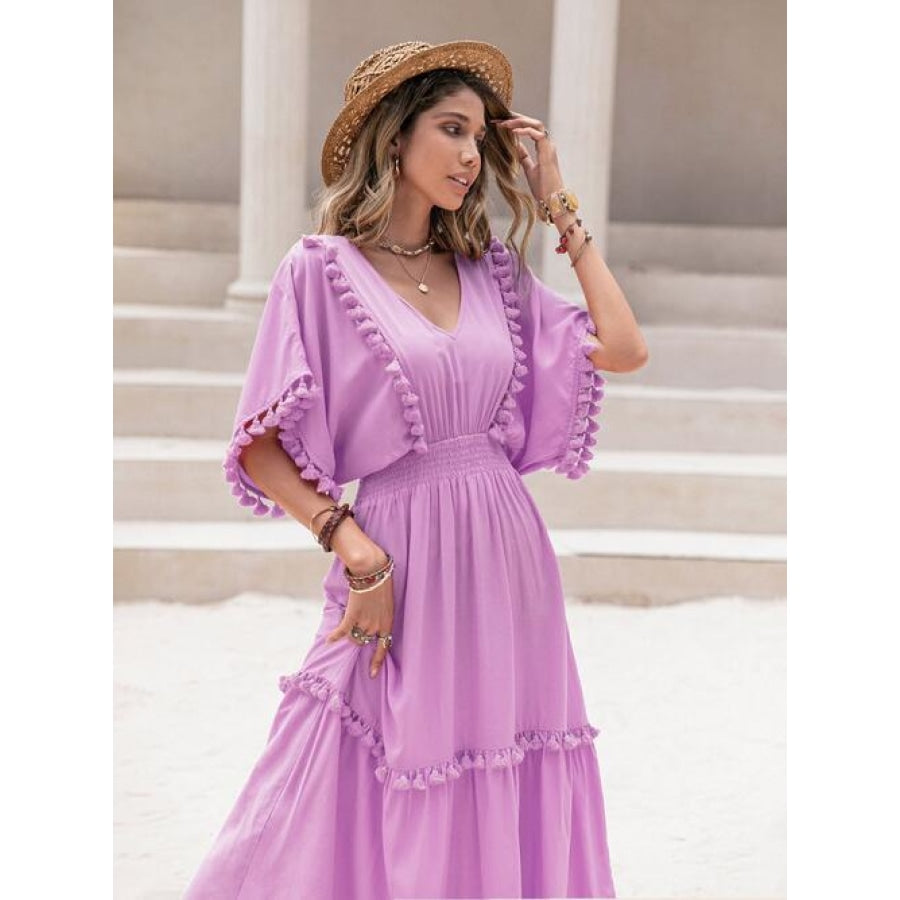 Tassel Trim Smocked V-Neck Short Sleeve Dress Heliotrope Purple / S Clothing