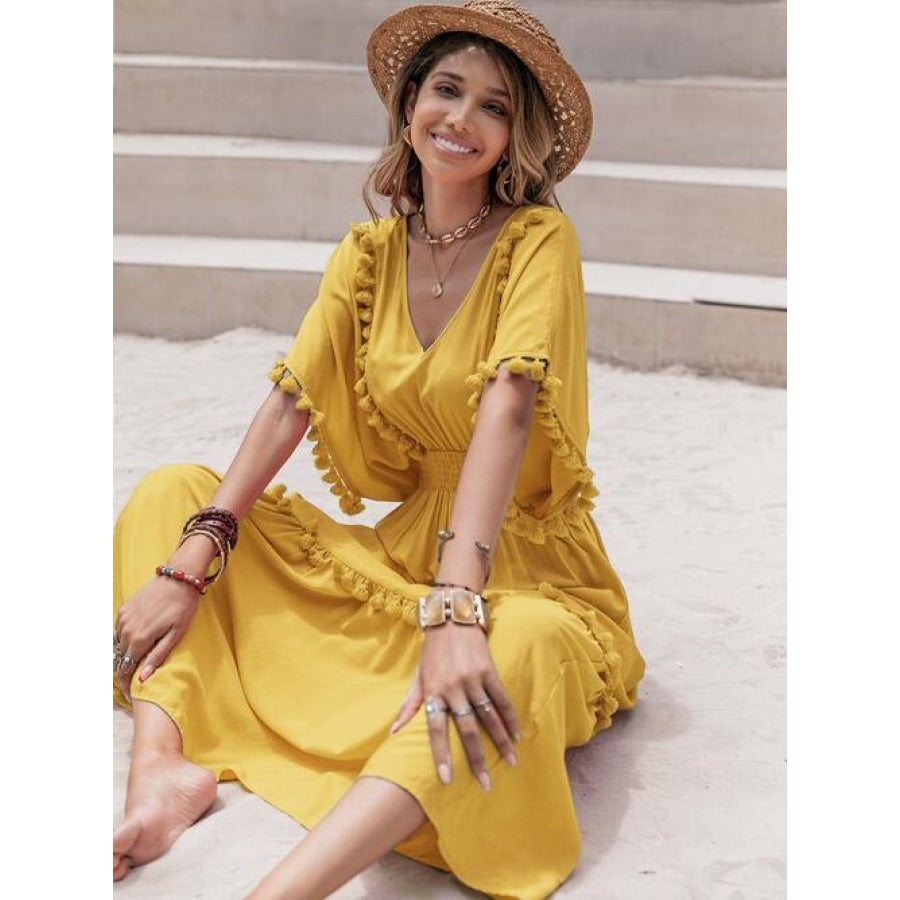 Tassel Trim Smocked V-Neck Short Sleeve Dress Honey / S Clothing