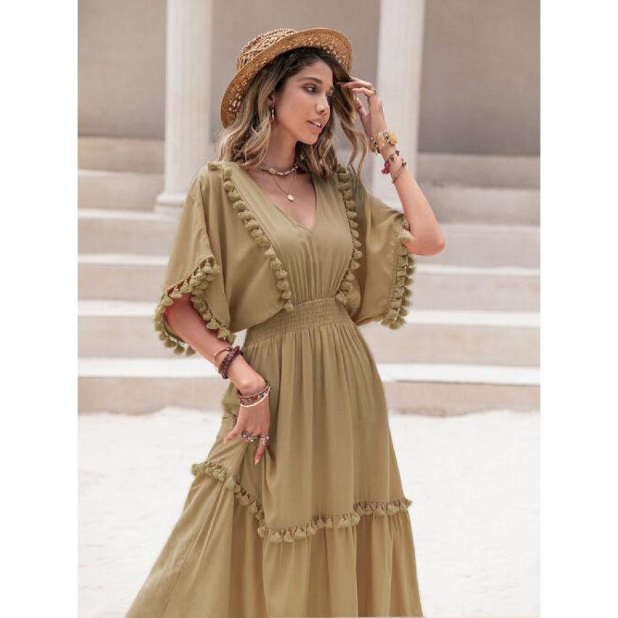 Tassel Trim Smocked V-Neck Short Sleeve Dress Olive / S Clothing