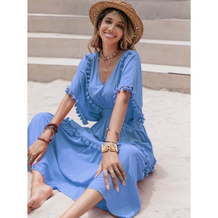 Tassel Trim Smocked V-Neck Short Sleeve Dress Sky Blue / S Clothing