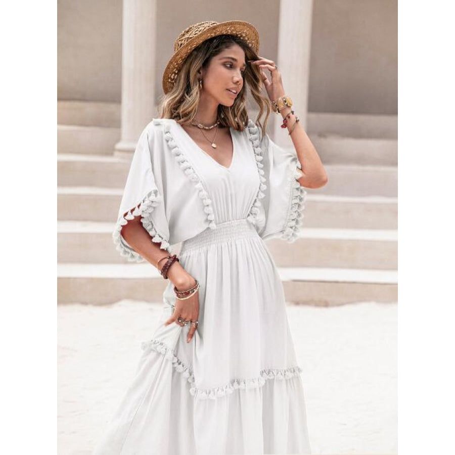 Tassel Trim Smocked V-Neck Short Sleeve Dress White / S Clothing