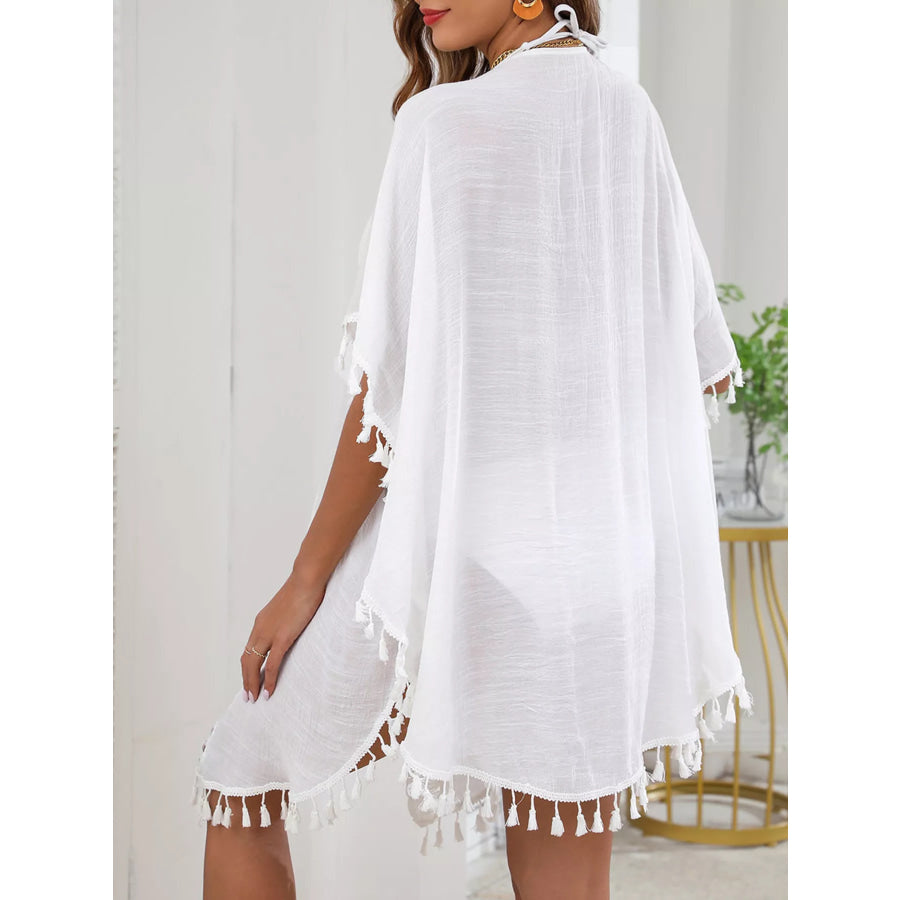 Tassel Trim Tie Front Cover-Up White / One Size Apparel and Accessories