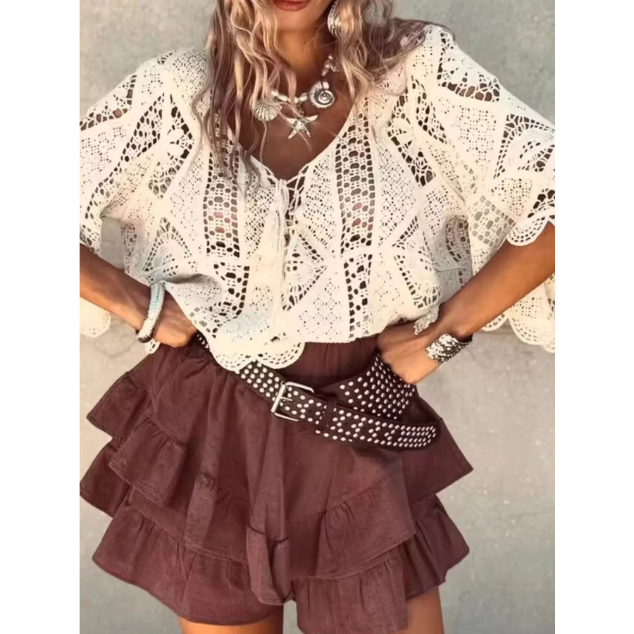 Tassel V-Neck Crochet Knit Top Apparel and Accessories