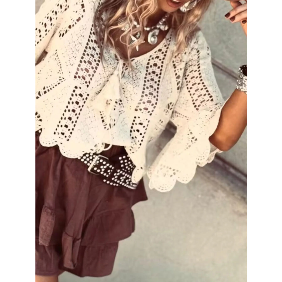 Tassel V-Neck Crochet Knit Top Apparel and Accessories