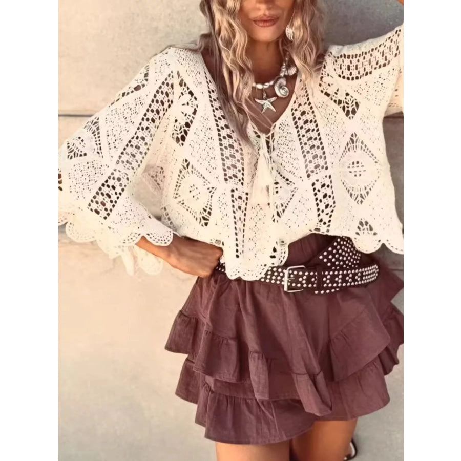 Tassel V-Neck Crochet Knit Top Apricot / S Apparel and Accessories