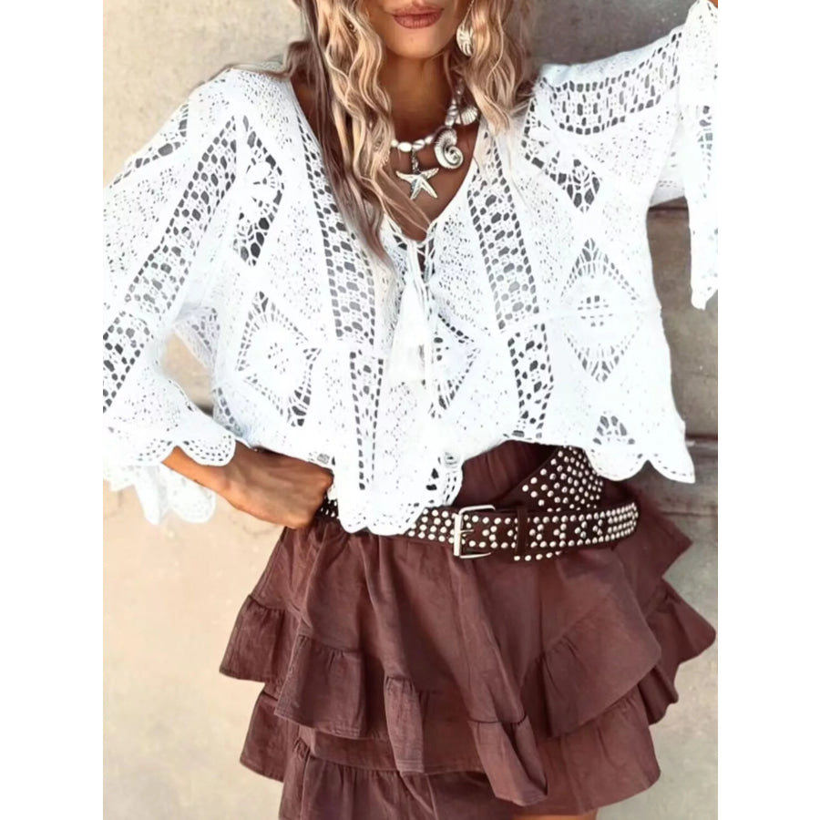 Tassel V-Neck Crochet Knit Top Gray/white / S Apparel and Accessories