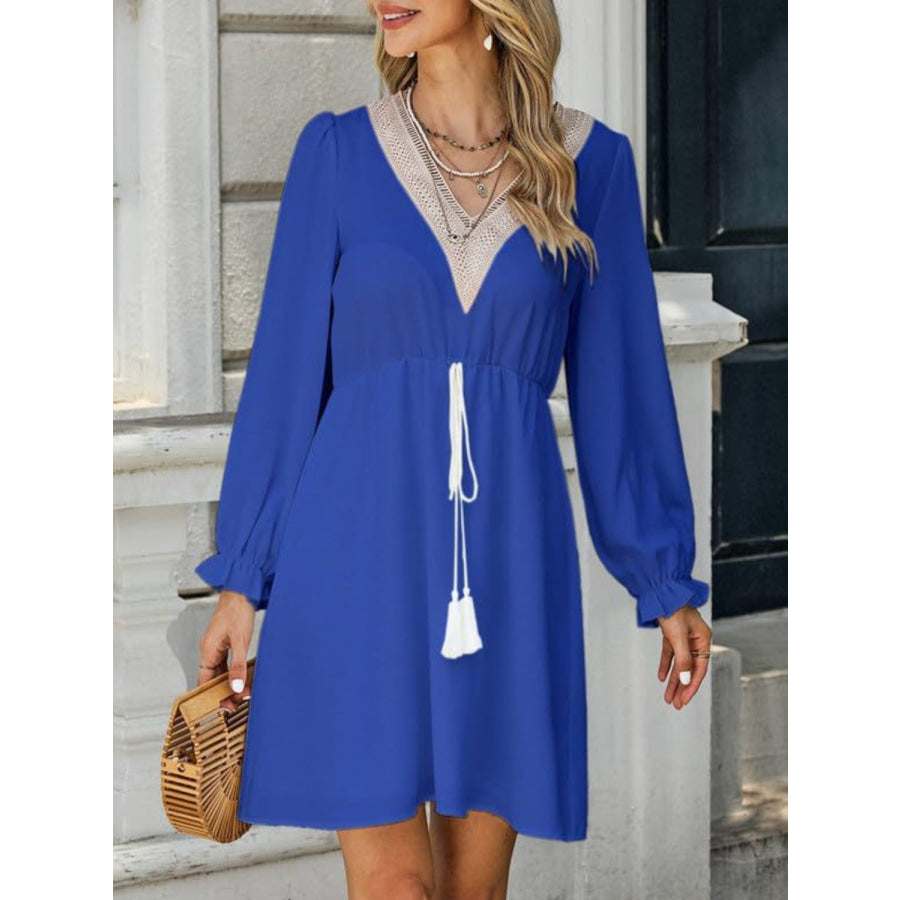 Tassel V - Neck Flounce Sleeve Dress Apparel and Accessories