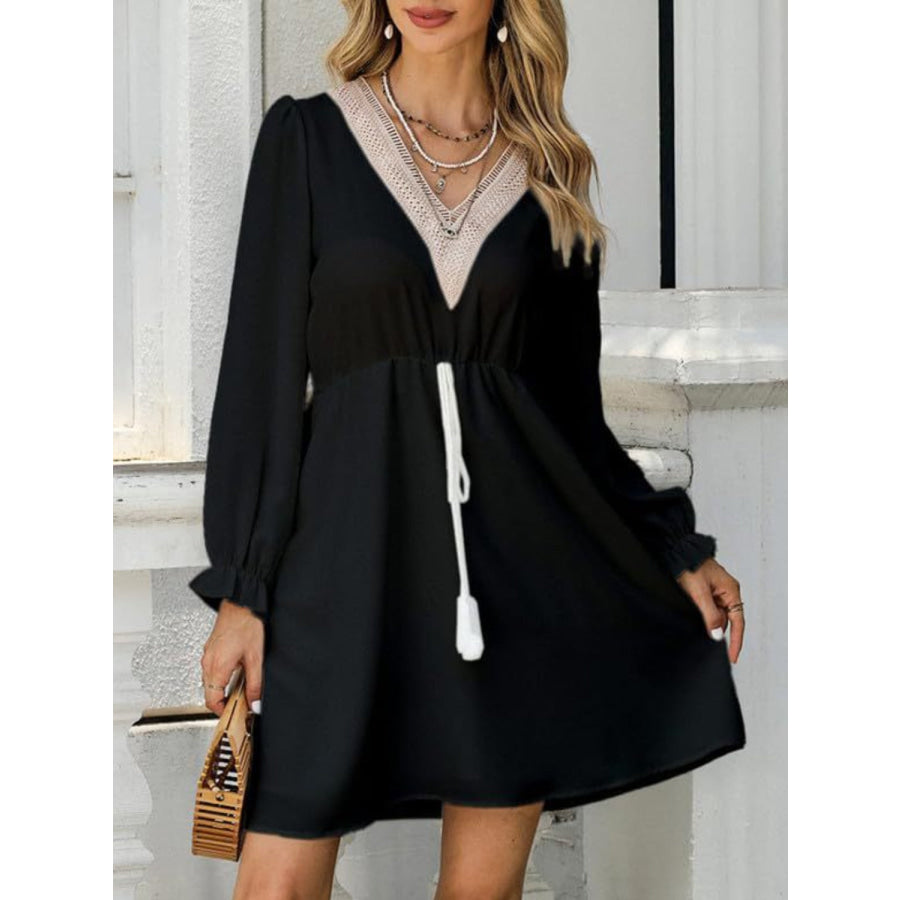 Tassel V - Neck Flounce Sleeve Dress Black / S Apparel and Accessories