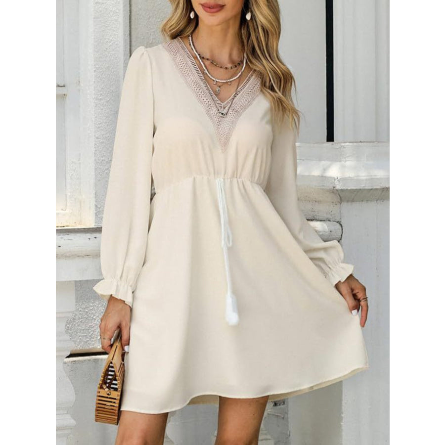 Tassel V - Neck Flounce Sleeve Dress Cream / S Apparel and Accessories