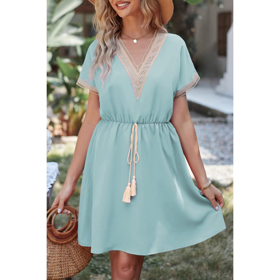 Tassel V - Neck Short Sleeve Dress Apparel and Accessories