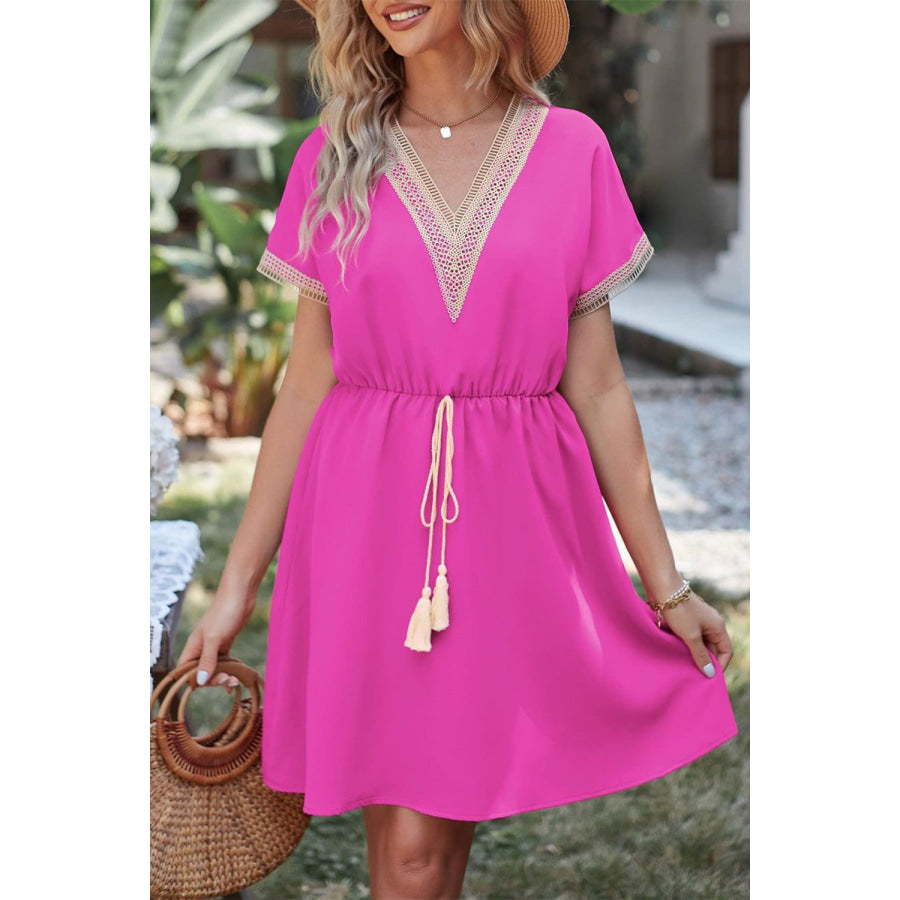 Tassel V - Neck Short Sleeve Dress Hot Pink / S Apparel and Accessories