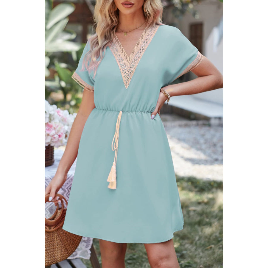 Tassel V - Neck Short Sleeve Dress Tiffany Blue / S Apparel and Accessories