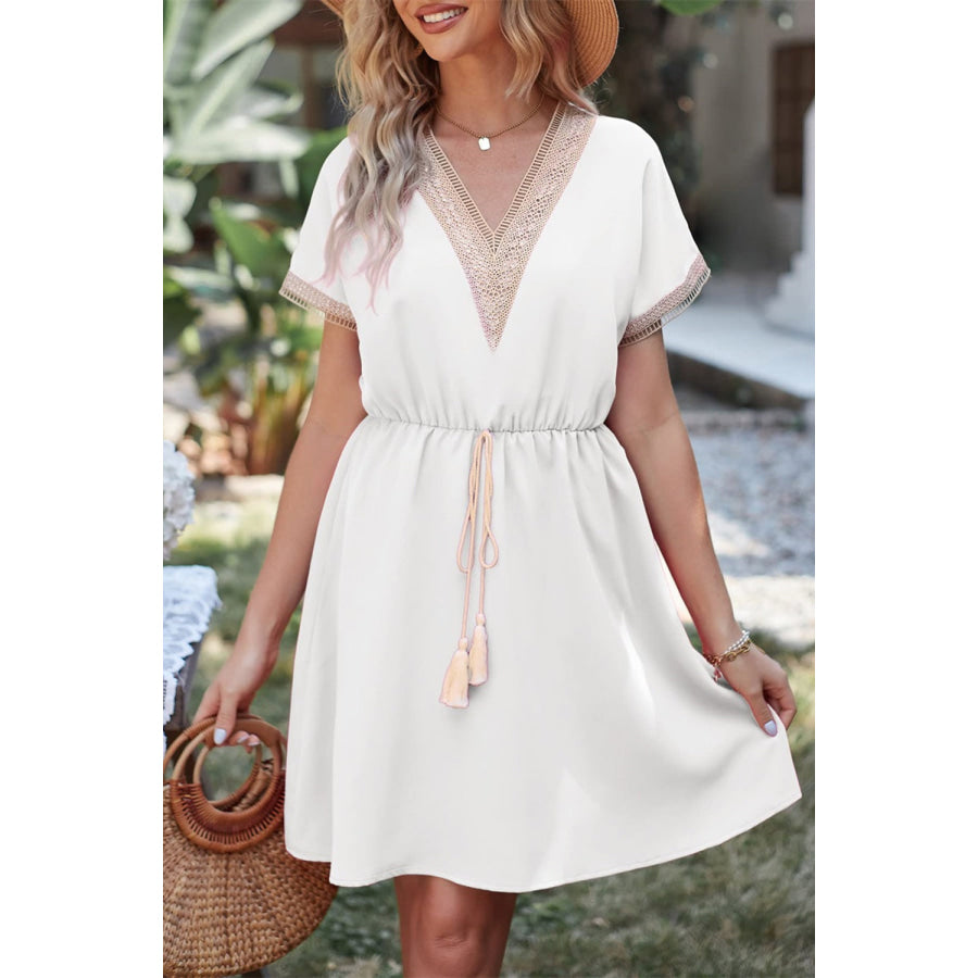 Tassel V - Neck Short Sleeve Dress White / S Apparel and Accessories