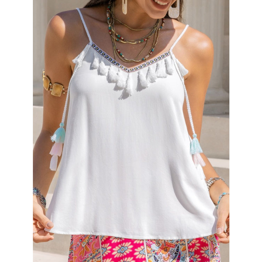 Tassel V-Neck Spaghetti Strap Cami White / S Apparel and Accessories