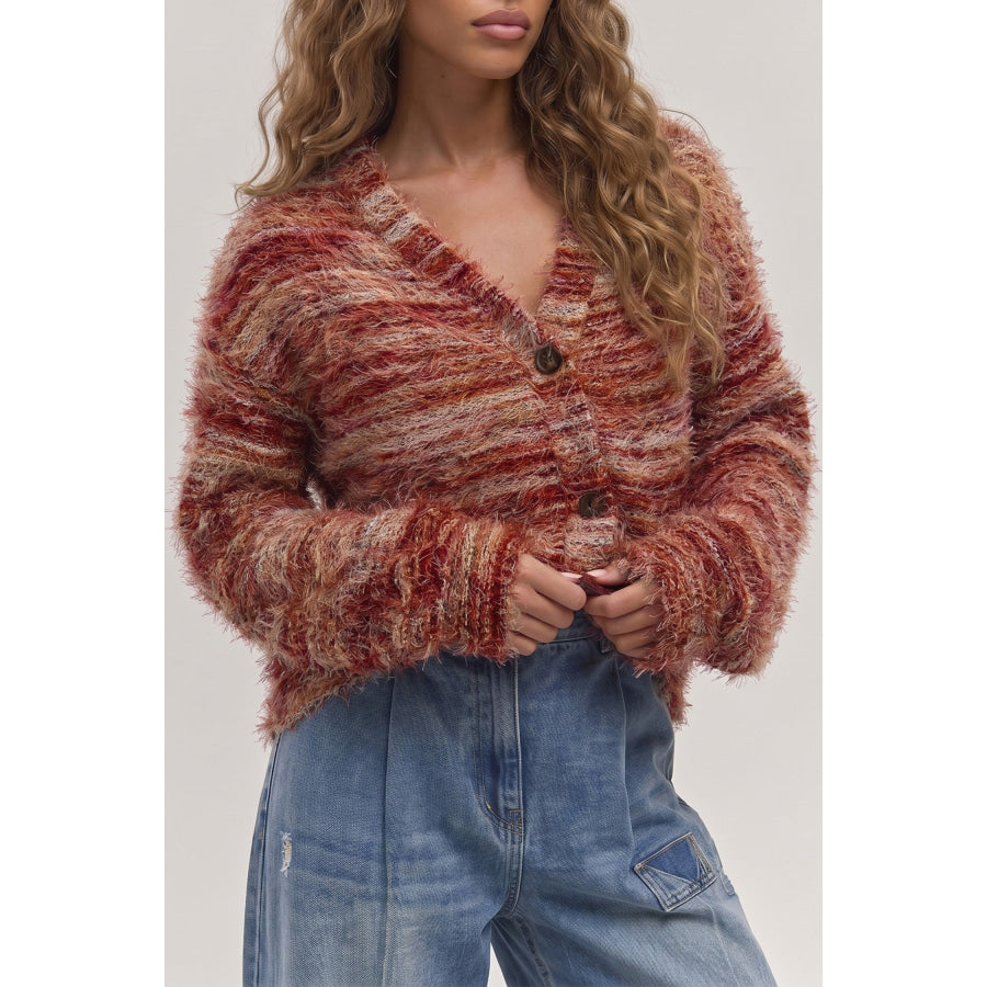 Tawny Fuzzy Striped Button Front Cardigan Sweater Tawny / S / 100% Polyester Sweaters & Cardigans/Cardigans
