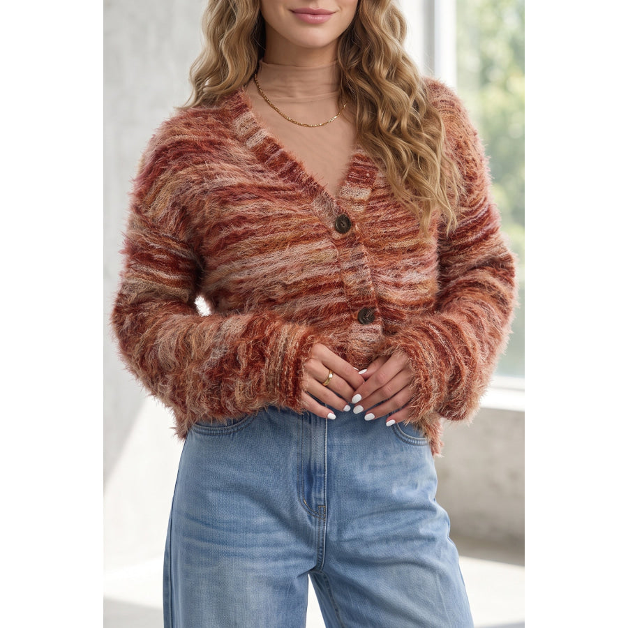 Tawny Fuzzy Striped Button Front Cardigan Sweater Sweaters & Cardigans/Cardigans