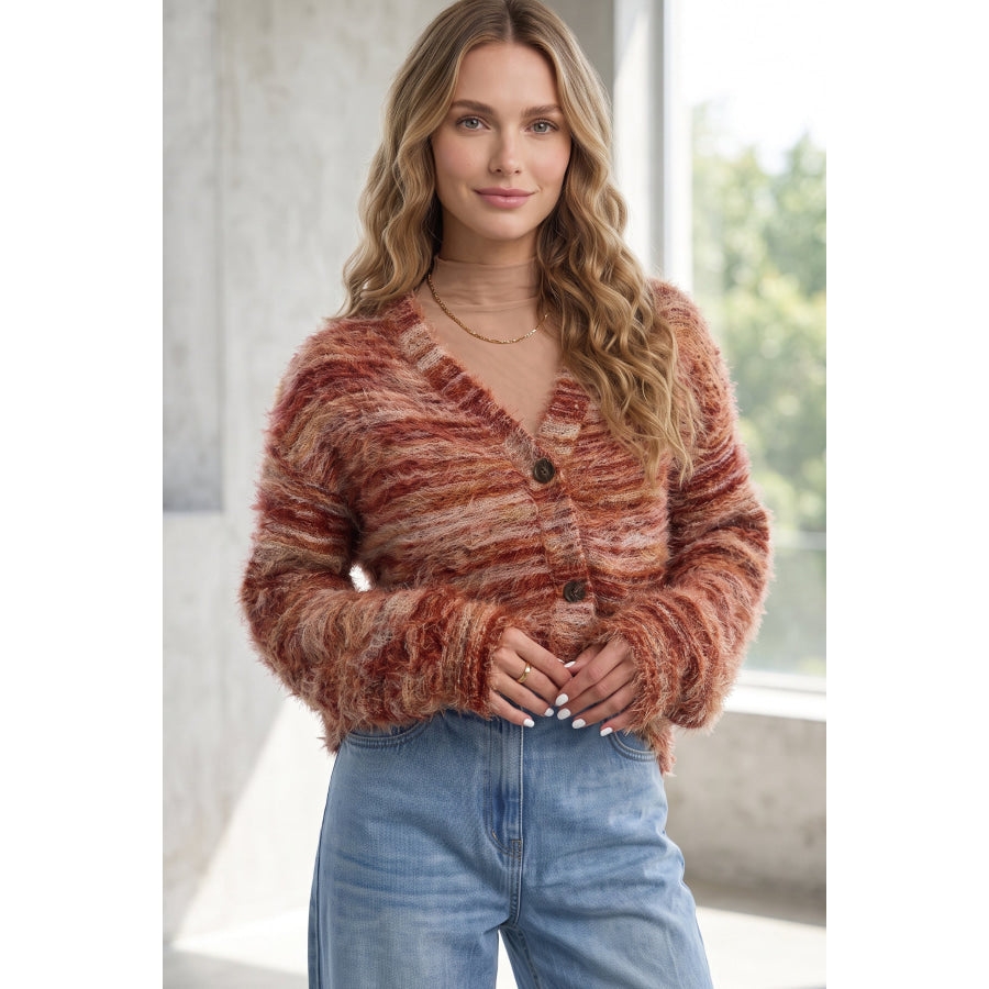 Tawny Fuzzy Striped Button Front Cardigan Sweater Sweaters & Cardigans/Cardigans