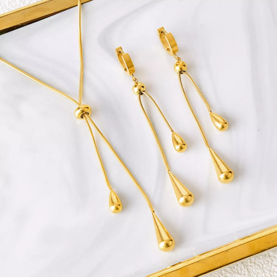 Teardrop Pendant Necklace and Earrings Jewelry Set Gold / One Size Apparel and Accessories