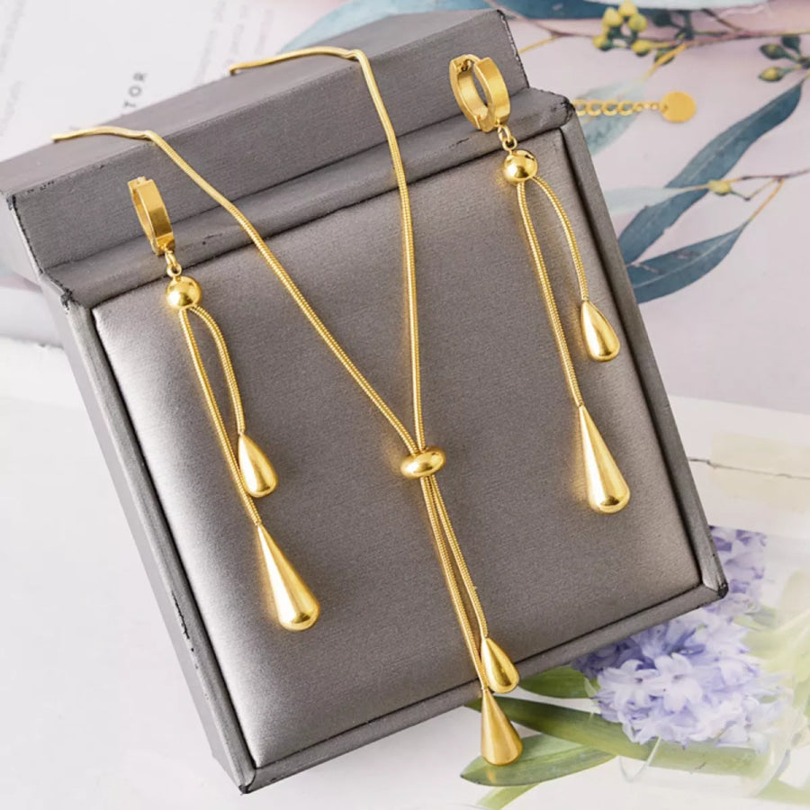 Teardrop Pendant Necklace and Earrings Jewelry Set Gold / One Size Apparel and Accessories