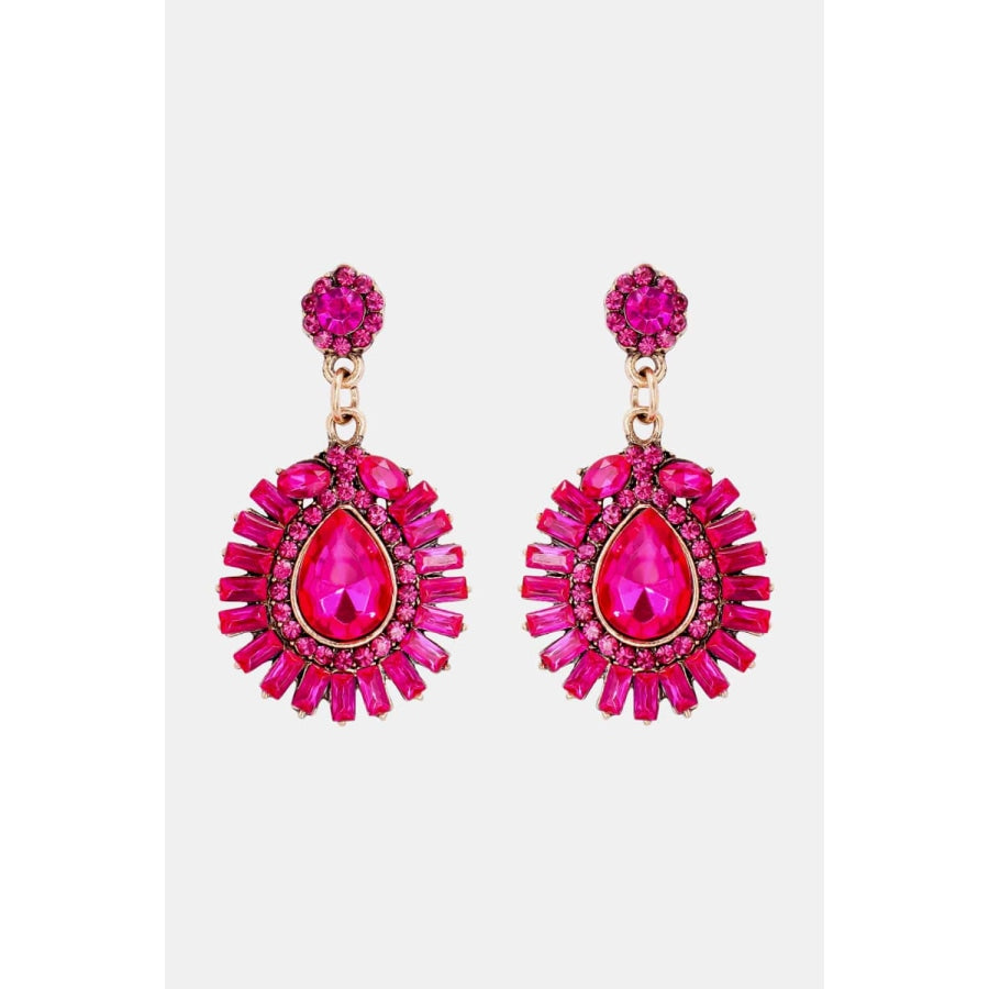 Teardrop Shape Glass Stone Dangle Earrings Hot Pink / One Size