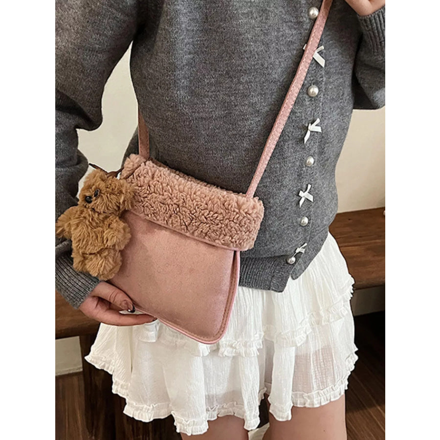 Teddy Bear Charm Plush Trim Crossbody Bag Apparel and Accessories