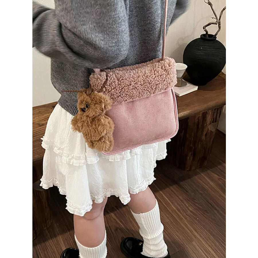 Teddy Bear Charm Plush Trim Crossbody Bag Apparel and Accessories