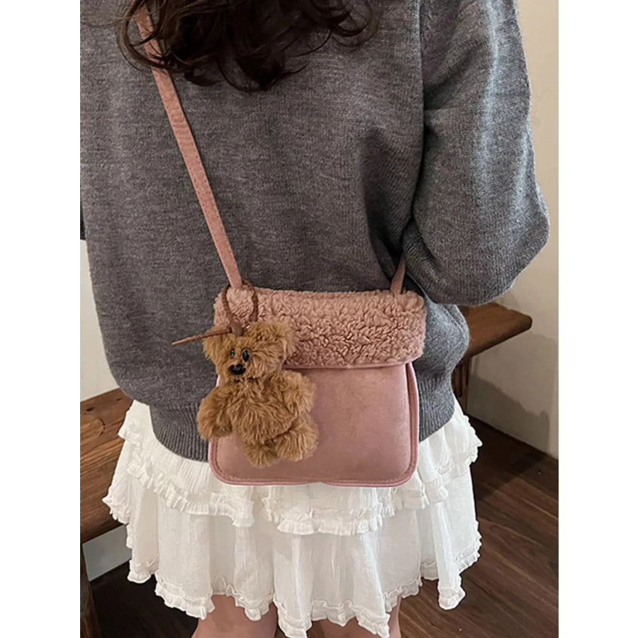 Teddy Bear Charm Plush Trim Crossbody Bag Apparel and Accessories